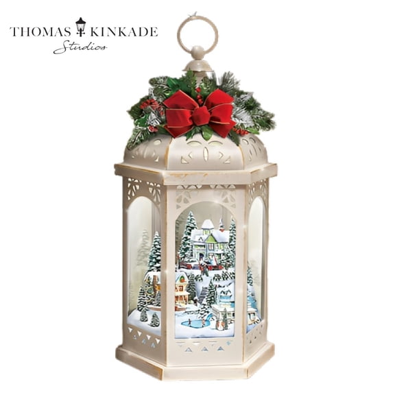 The Bradford Exchange Thomas Kinkade Winter Wonderful Christmas Decor Lantern With Revolving Snowflake Sparkle Light 6 Sided Glass Panel Viewing with Fully Dimensional Holiday Village 17"-Inches