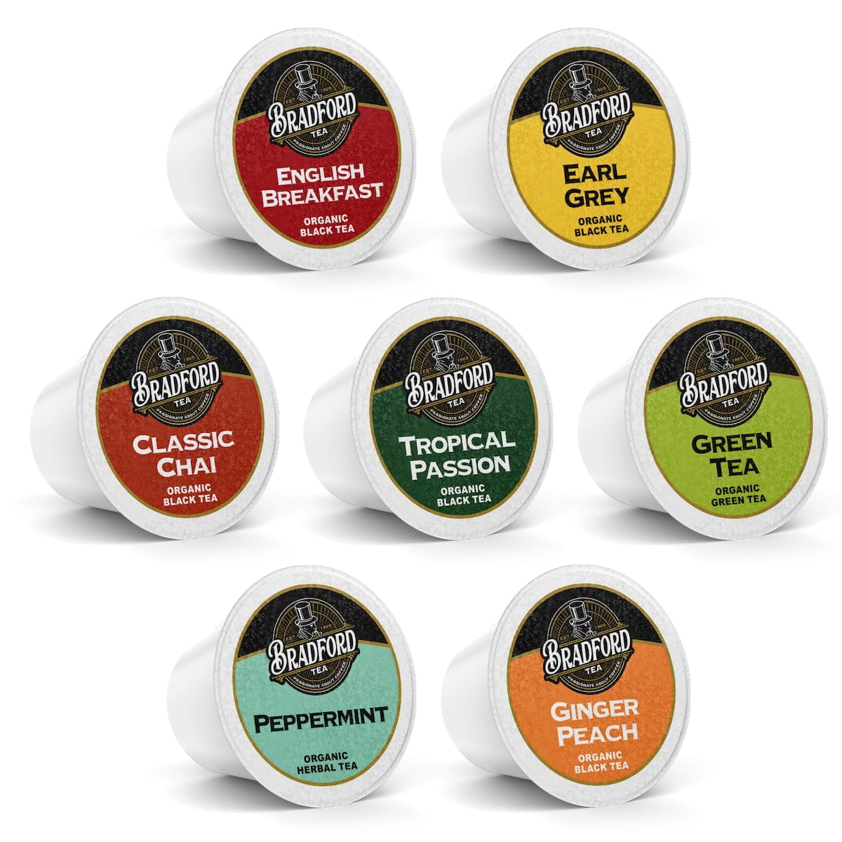 Bradford Organic Tea Pods for Keurig Brewers, Variety Pack of 96 Count, 7 Unique Blends English