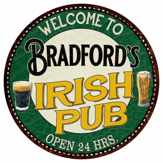 Bradford's Irish Pub 14" Round Metal Sign Kitchen Bar Wall Decor 100140036461