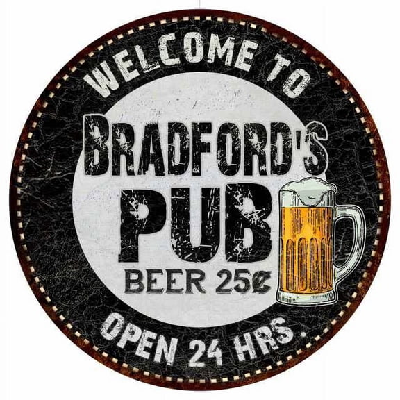 Bradford's Pub 14" Round Metal Sign Beer Bar Black Wall Decor Gift 100140039460