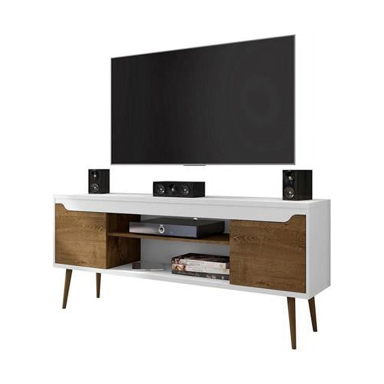 Bradley 63'' Glossy White and Rustic Brown Wood TV Stand with Cabinet