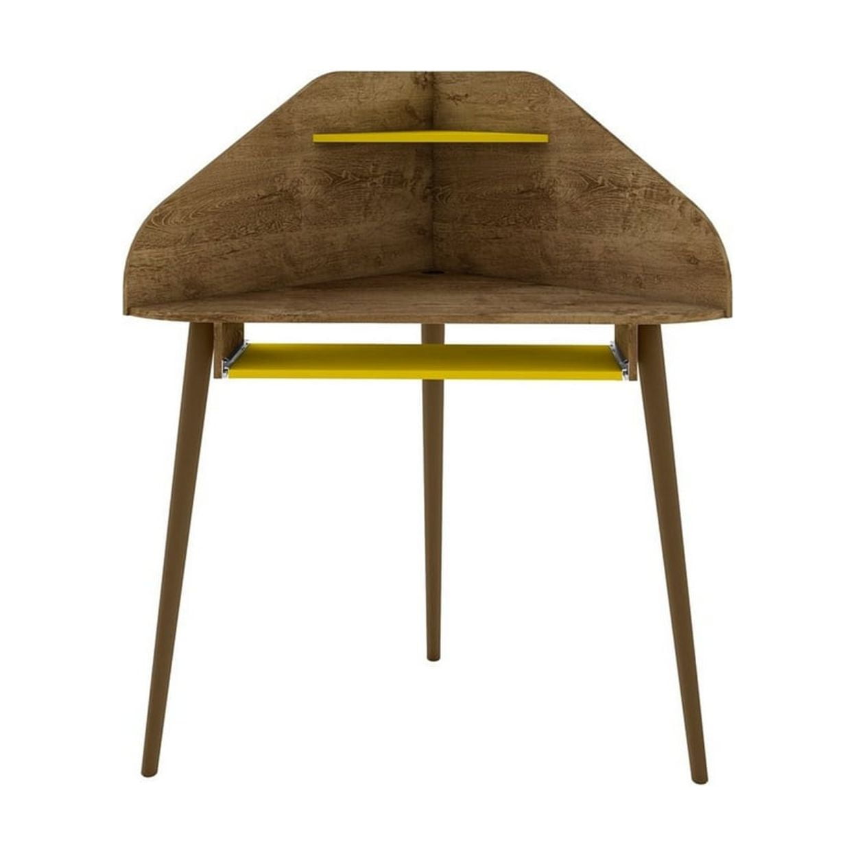Rustic Brown & Yellow Wood Corner Desk with Keyboard Tray