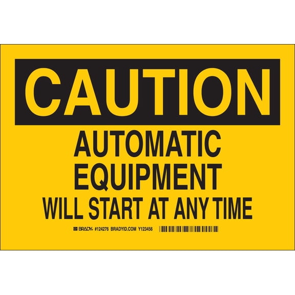 Brady 124277 Machine and Operational Sign, Legend "Automatic Equipment Will Start At Any Time", 10" Height x 14" Width, Black on Yellow