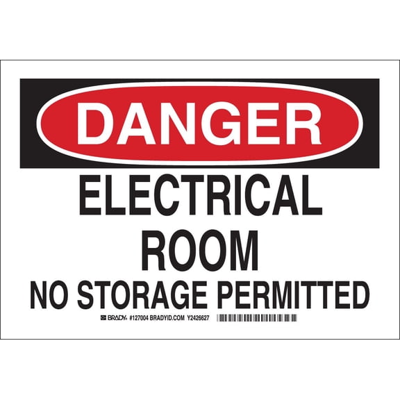 Brady 127007 Electrical Hazard Sign, Legend"Electrical Room No Storage Permitted", 10" Height, 14" Width, Black and Red on White