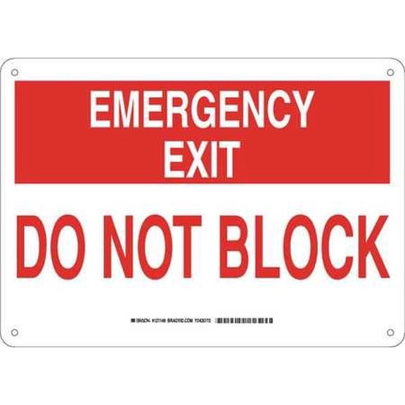 Brady 127149 Fire Safety Sign, Legend "Emergency Exit Do Not Block", 10" Height x 14" Width, Red on White