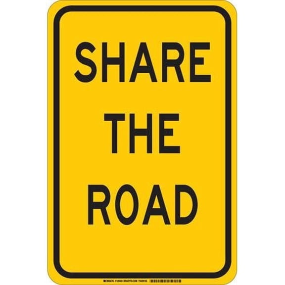 Brady 129443 Traffic Control Sign, Legend "Share The Road", 18" Height, 12" Width, Black on Yellow