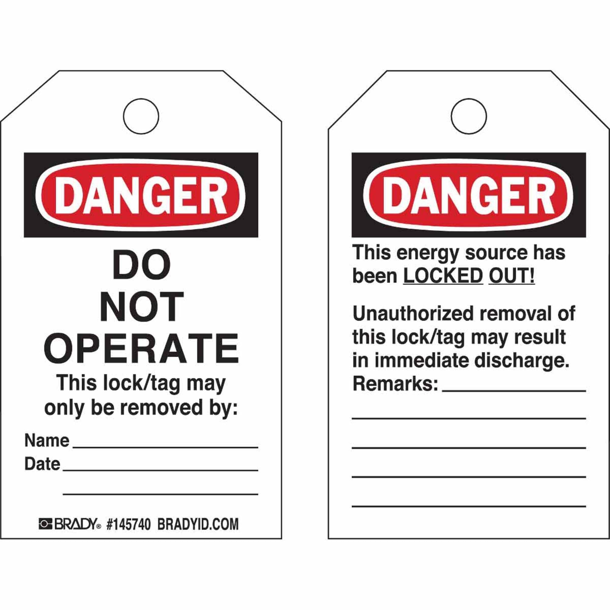 Brady 145766 Plastic "Danger DO NOT Operate This Lock/TAG May ONLY BE Removed by: Name: Date:" Toughwash Tag, 5" Height x 3" Width, Black/Red/White (Pack of 10) CA3