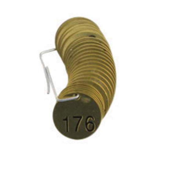 Brady 23203 1-1/2" Diameter, B-907 Brass, Brass Color, Number Sequence 076-100 Round Stamped Brass Valve Tags, Top Line Legend (Blank) (Pack Of 25) CA2