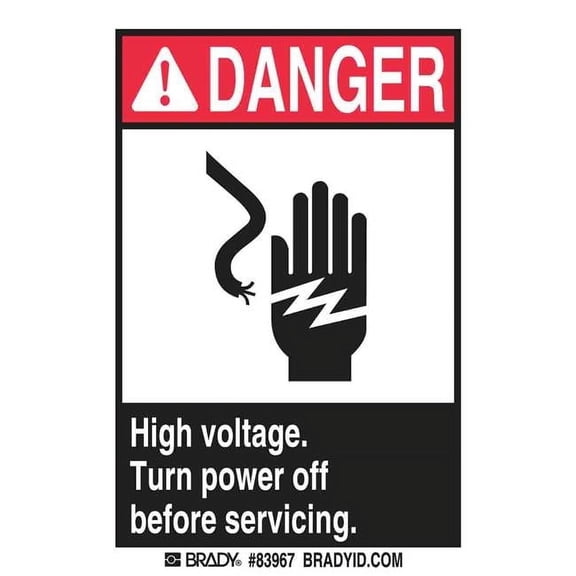 Brady 262-83967 5 x 3.5 in. B302 Series Danger High Voltage Sign, Red & White