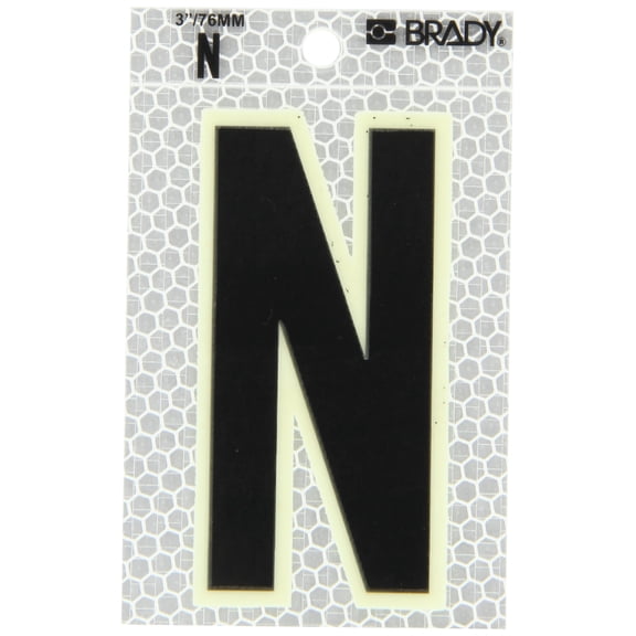 Brady 3010-N 3-1/2" Height, 2-1/2" Width, B-309 High Intensity Prismatic Reflective Sheeting, Black And Silver Color Glow-In-The-Dark/Ultra Reflective Letter, Legend "N" (Pack Of 10) J101