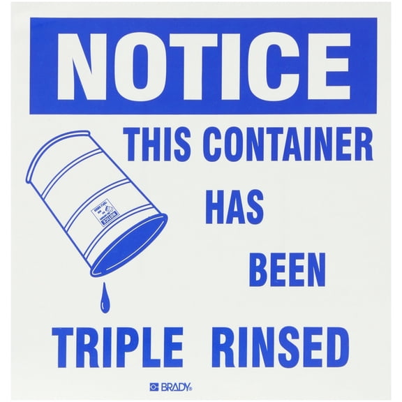 Brady 60364 6" Height, 6" Width, Blue On White Color Drum Label, Legend "Notice, This Container Has Been Triple Rinsed" (Pack Of 100) CA3