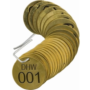 Brady 871801 1/2" Diameter Stamped Brass Valve Tags, Numbers 001-025, Legend "DHW" (25 per Package) CA1