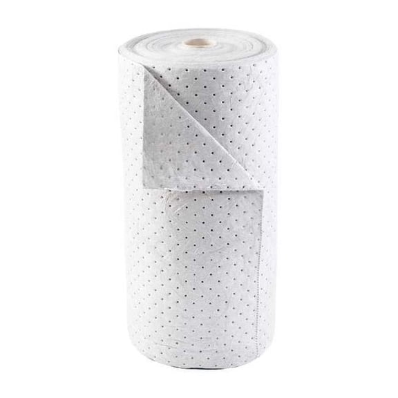 Brady Sorbent Roll, 38 gal, 30 in x 150 ft, Oil, White, Polypropylene BRO150