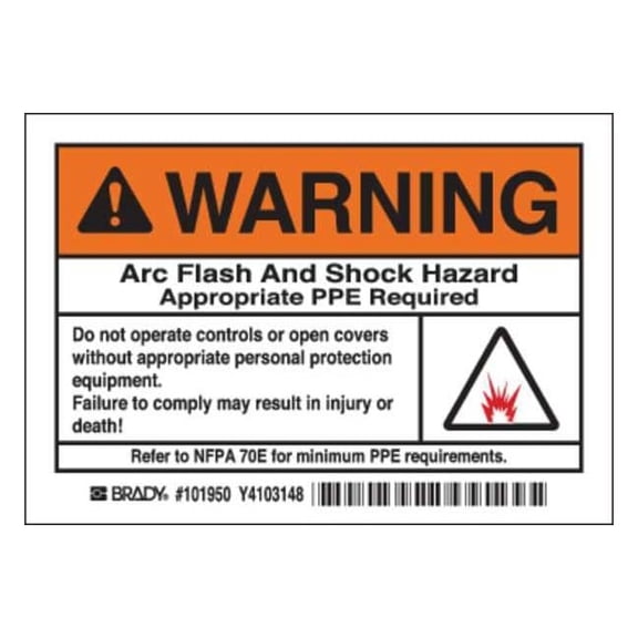 Brady Worldwide B2262145 1011950 Arc Flash Label Warning Arc Flash & Shock Hazzard, Black, Orange & White - 3.5 x 5 in.