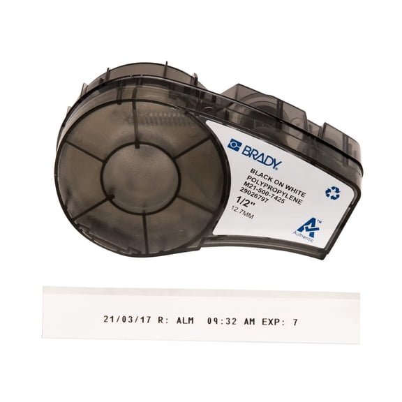 Brady Authentic (M21-500-7425) Chemical and Temp Resistant Label Asset Tracking, and Datacom Labeling, Black on White- For M210, M210-LAB, M211, BMP21-PLUS and BMP21-LAB Printers, .5" W 21' L CA1