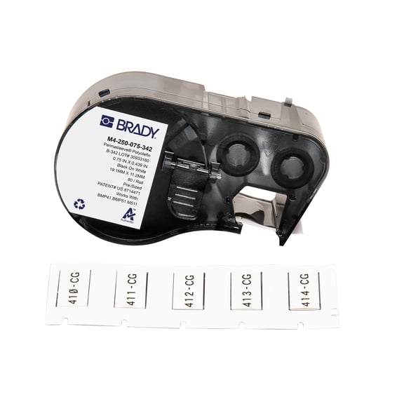 Brady Authentic(M4-250-075-342) PermaSleeve Heat-Shrink Labels Polyolefin 0.439" 0.75" W Black on White 0.25" Dia, Cartridge of 80 Labels. for use with The BMP41, BMP51, and M511 Label Printers CA3