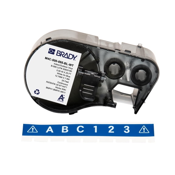 Brady Authentic (M4C-500-595-BL-WT) All-Weather Vinyl Labels 0.5 in W x 25ft White on Blue. for use with BMP41, BMP51, M410, M510, and M511 Label Printers. CA1