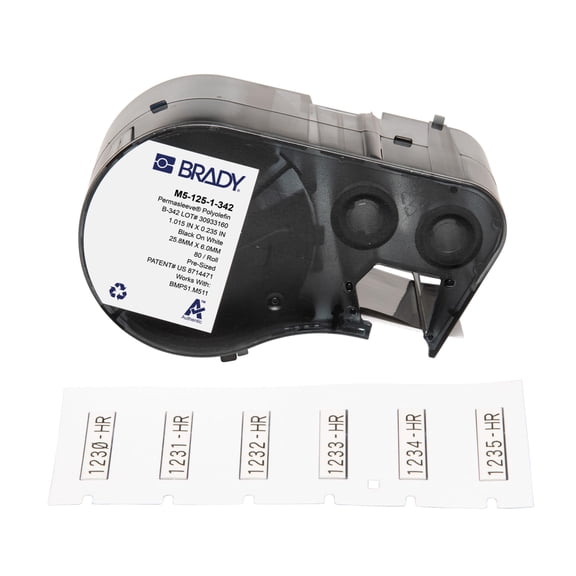Brady Authentic (M5-125-1-342) PermaSleeve Heat-Shrink Labels Polyolefin 0.235" H x 1" W Black on White 0.125" Dia, Cartridge of 80 Labels. for use with The BMP51 and M511 Label Printers CA2