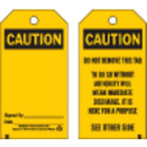 Brady Caution Tag, Polyester, Height: 5-3/4", Width: 3", Yellow Polyester 76193