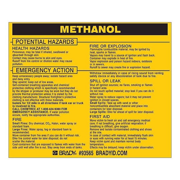 Brady Chemical Label, 3 3/4 in H, 4 1/2 in W, 93565,PK25 93565