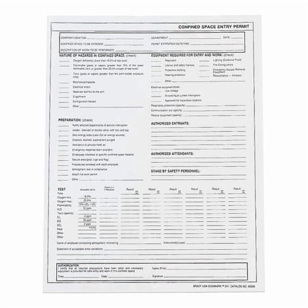 Confined Space Entry Permits, Paper, 11 in H x 8 1/2 in W, Black, White, 25 PK