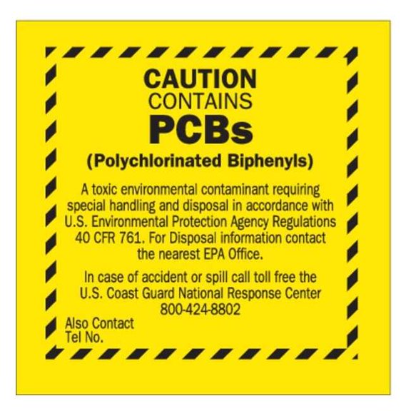 Brady DOT Handling Label, Caution Contains PCBs - etc., Vinyl, 6" W, 6" H 87028