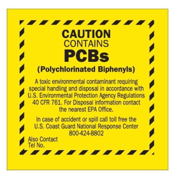 Brady DOT Handling Label, Caution Contains PCBs - etc., Vinyl, 6" W, 6" H 87028