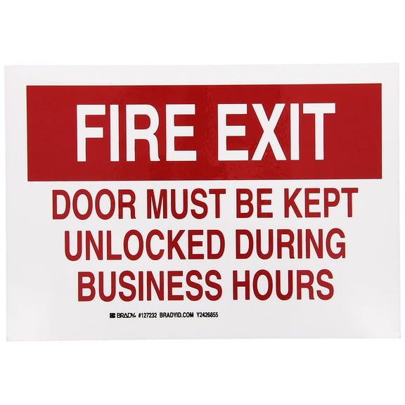 Brady 127232 Fire Safety Sign, Legend"Fire Exit Door Must Be Kept Unlocked During Business Hours", 7" Height, 10" Width, Red on White