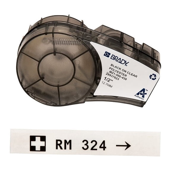Brady Label Tape Cartridge, Black/Clear, Labels/Roll: Continuous M21-500-430