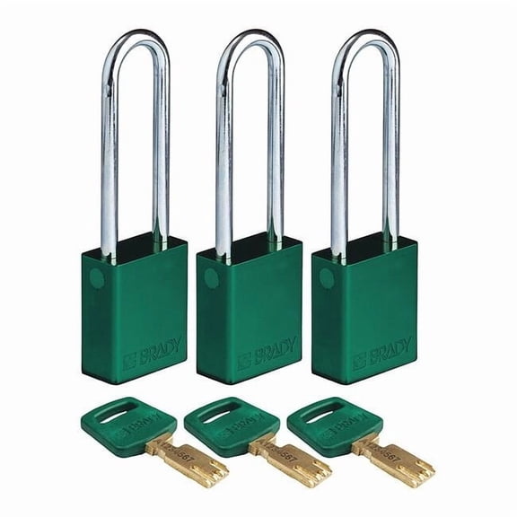 Lockout Padlock, Keyed Alike, Aluminum, Green, 3 in Shackle Height, 1 1/2 in Body Width, 3 PK