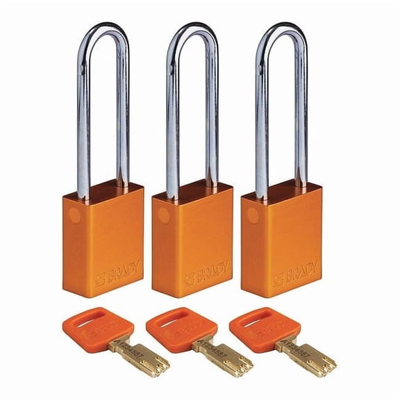 Lockout Padlock, Keyed Alike, Aluminum, Orange, 3 in Shackle Height, 1 1/2 in Body Width, 3 PK