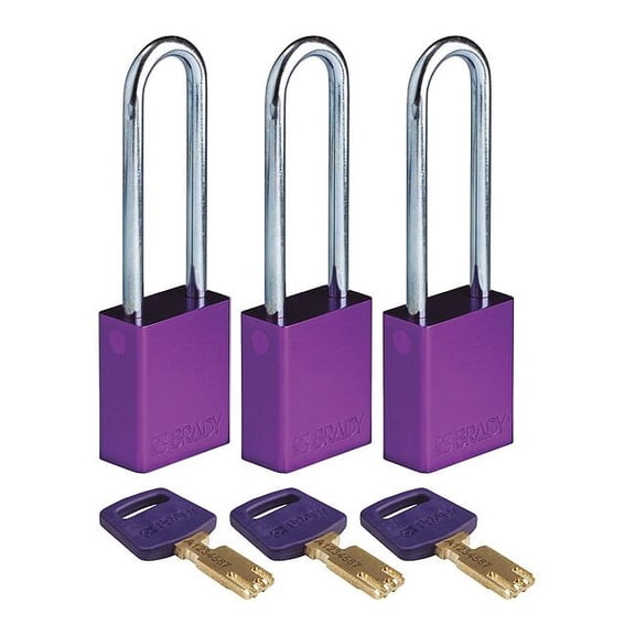 Brady Lockout Padlock,Al,1/4" W,Purple,PK3 ALU-PRP-76ST-KA3PK