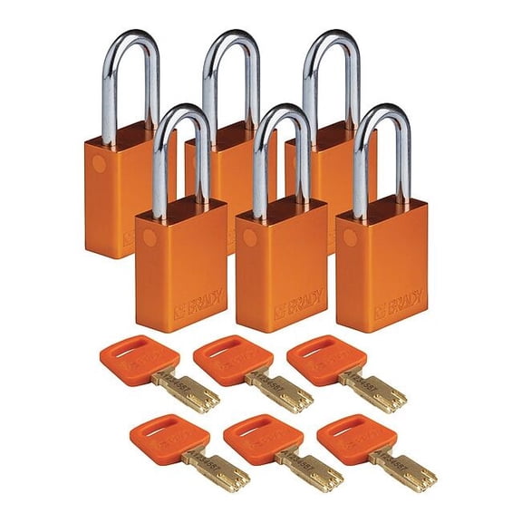 Brady Lockout Padlock,Al,Org,Key Different,PK6 ALU-ORG-38ST-KD6PK