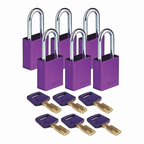 Lockout Padlock, Keyed Alike, Aluminum, Purple, 1 1/2 in Shackle Height, 1 1/2 in Body Width, 6 PK