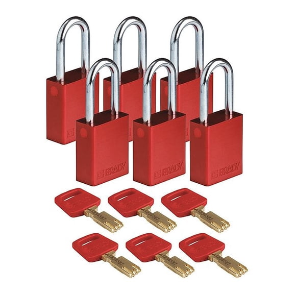 Brady Lockout Padlock,Al,Red,Key Different,PK6 ALU-RED-38ST-KD6PK