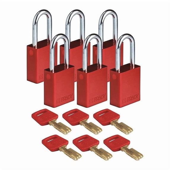 Lockout Padlock, Keyed Alike, Aluminum, Red, 1 1/2 in Shackle Height, 1 1/2 in Body Width, 6 PK