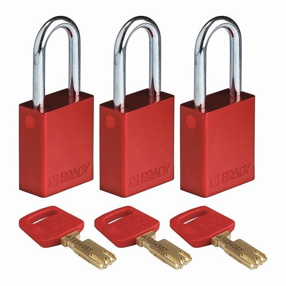 Lockout Padlock, Keyed Alike, Aluminum, Red, 1 1/2 in Shackle Height, 1 1/2 in Body Width, 3 PK