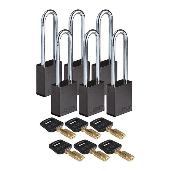 Lockout Padlock, Keyed Different, Aluminum, Black, 3 in Shackle Height, 1 1/2 in Body Width, 6 PK