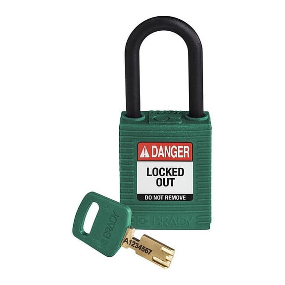 Lockout Padlock, Keyed Different, Nylon, Green, 1 1/2 in Shackle Height, 1 1/2 in Body Width