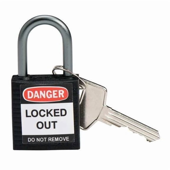 Lockout Padlock, Keyed Alike, Nylon, Black, 1 in Shackle Height, 1 3/16 in Body Width, 6 PK