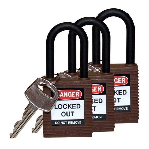 Lockout Padlock, Keyed Alike, Nylon, Brown, 1 1/2 in Shackle Height, 1 1/2 in Body Width, 3 PK