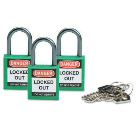 Lockout Padlock, Keyed Alike, Nylon, Green, 1 in Shackle Height, 1 3/16 in Body Width, 3 PK