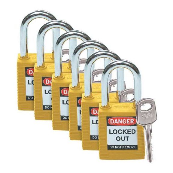 Brady Lockout Padlock,KA,Yellow,1-3/4"H,PK6 105892