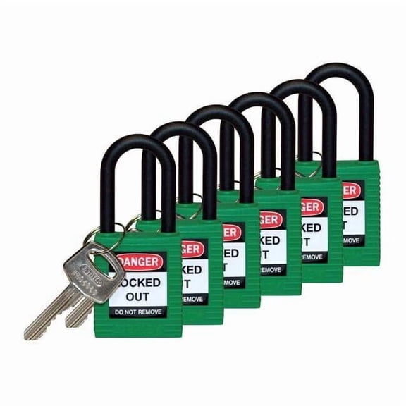 Lockout Padlock, Keyed Different, Nylon, Green, 1 1/2 in Shackle Height, 1 1/2 in Body Width, 6 PK