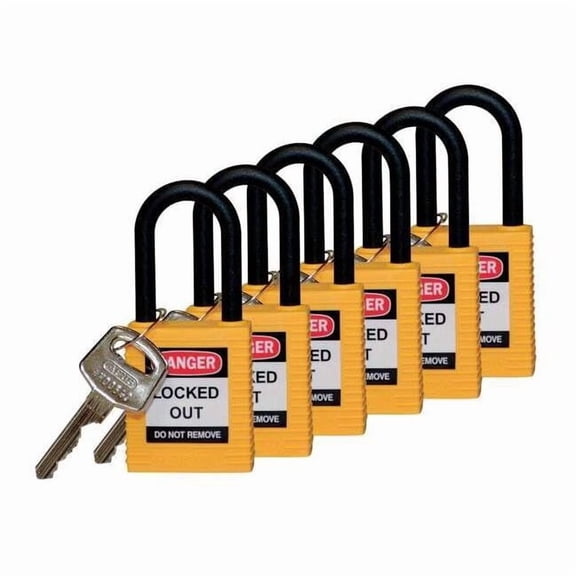 Lockout Padlock, Keyed Different, Nylon, Yellow, 1 1/2 in Shackle Height, 1 1/2 in Body Width, 6 PK