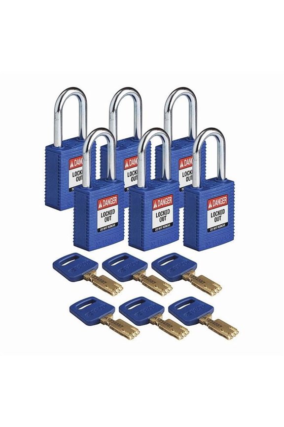 Lockout Padlock,Nylon,Bl,6 Keys,PK6 NYL-BLU-38ST-KA6PK