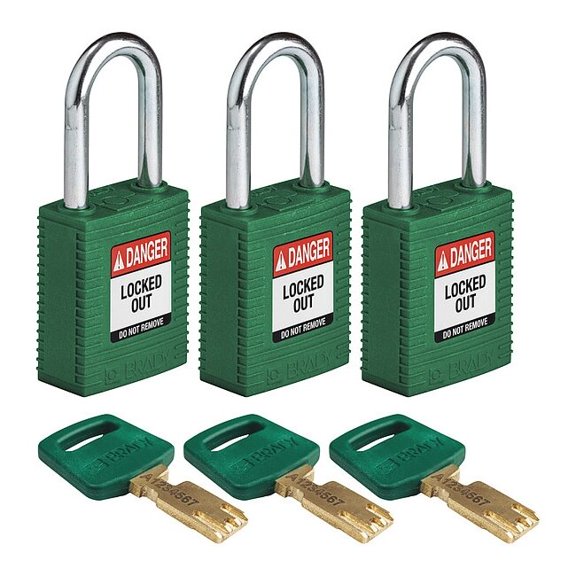 Brady Lockout Padlock,Nylon,Grn,1/2" W,PK3 NYL-GRN-38ST-KA3PK