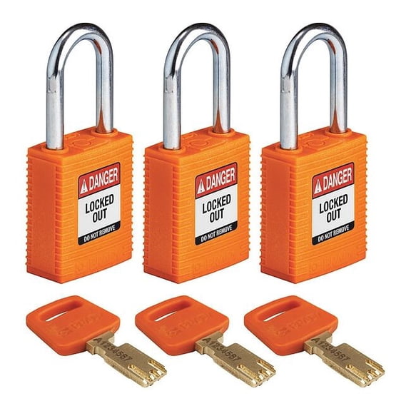 Brady Lockout Padlock,Nylon,Org,1/2" W,PK3 NYL-ORG-38ST-KA3PK