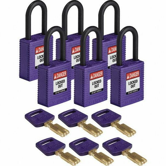 Brady Lockout Padlock,Nylon,Purple,6 Pins,PK6 NYL-PRP-38PL-KD6PK