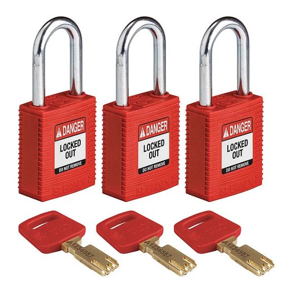 Brady Lockout Padlock,Nylon,Red,1-13/16" H,PK3 NYL-RED-38ST-KA3PK